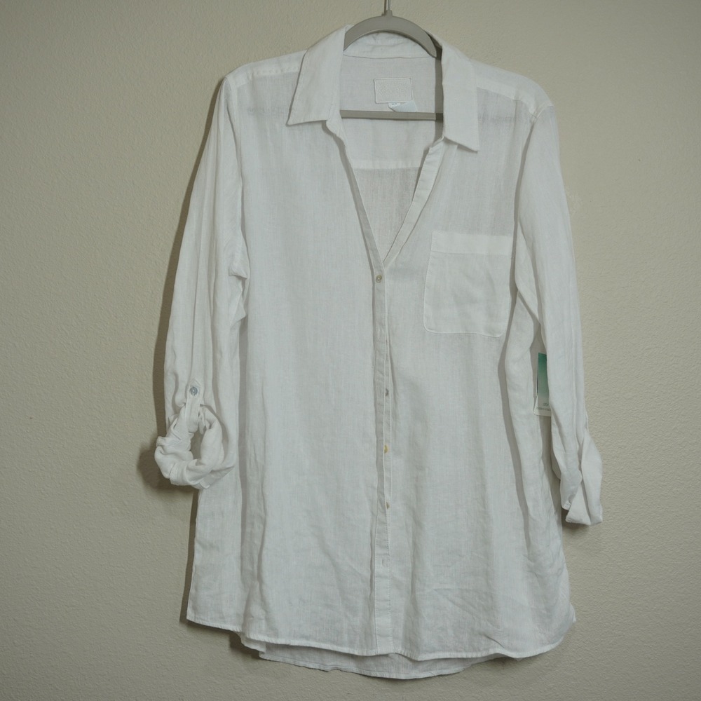 Sigrid Olsen Women's XL NEW 100% Linen Button Down Shirt White Roll Tab Tunic